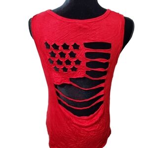 USA Flag die cut design on the back of wide shoulder v-neck tank top red small
